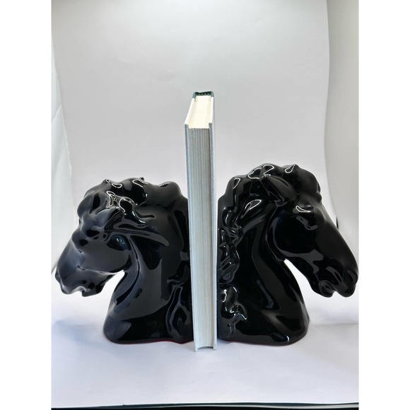 Mid Century Modern Glossy Ceramic Black Horse Head Bookends - Picture 6 of 13